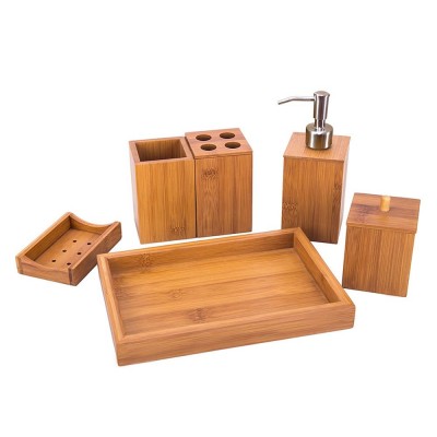 Bamboo Bathroom Accessory Set with Soap Dispenser, Cotton Ball Box, Toothbrush Holder